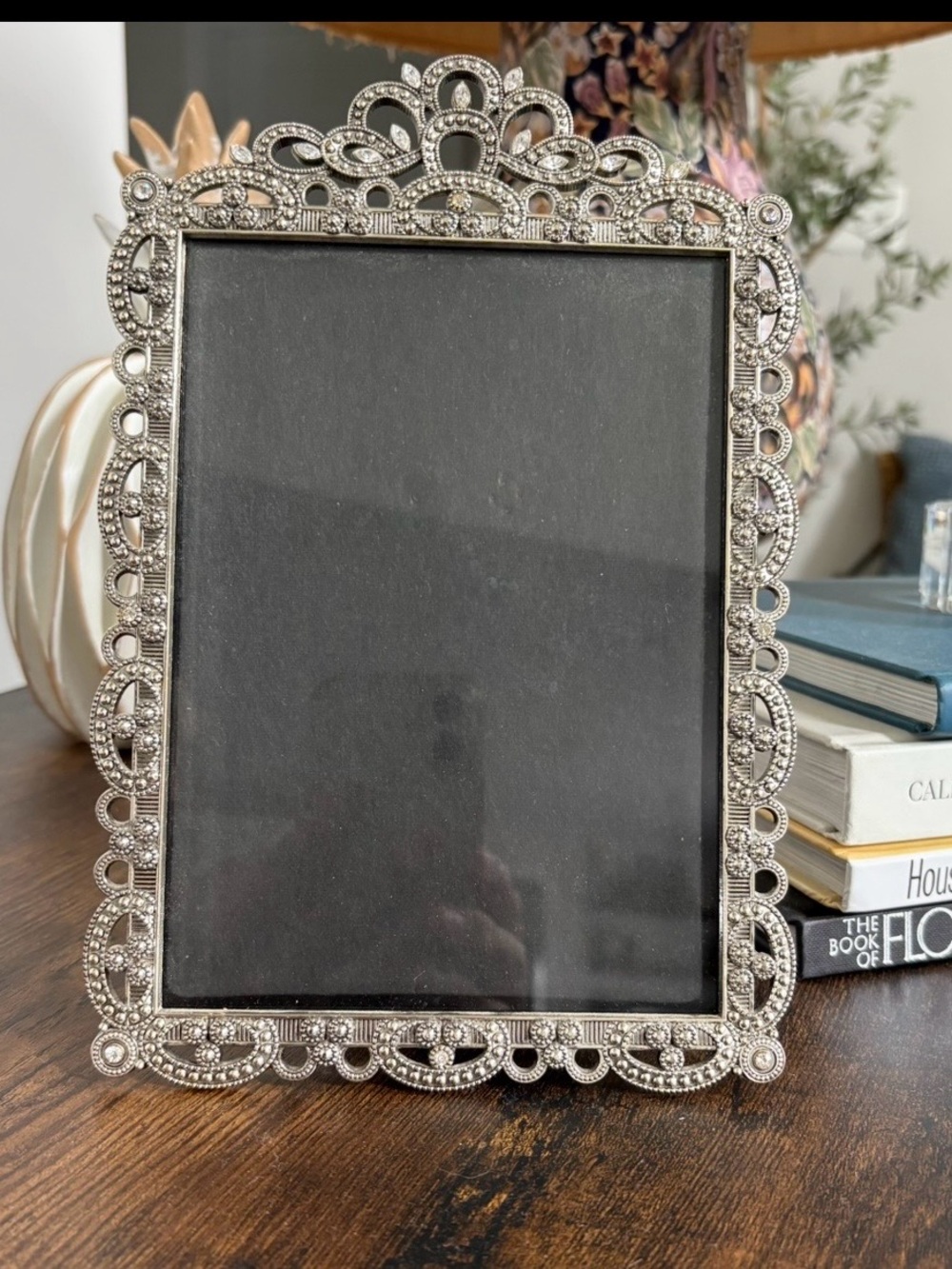 Vintage Ornate Silver Rhinestone
Filigree 5x7 Picture Frame Velvet Back